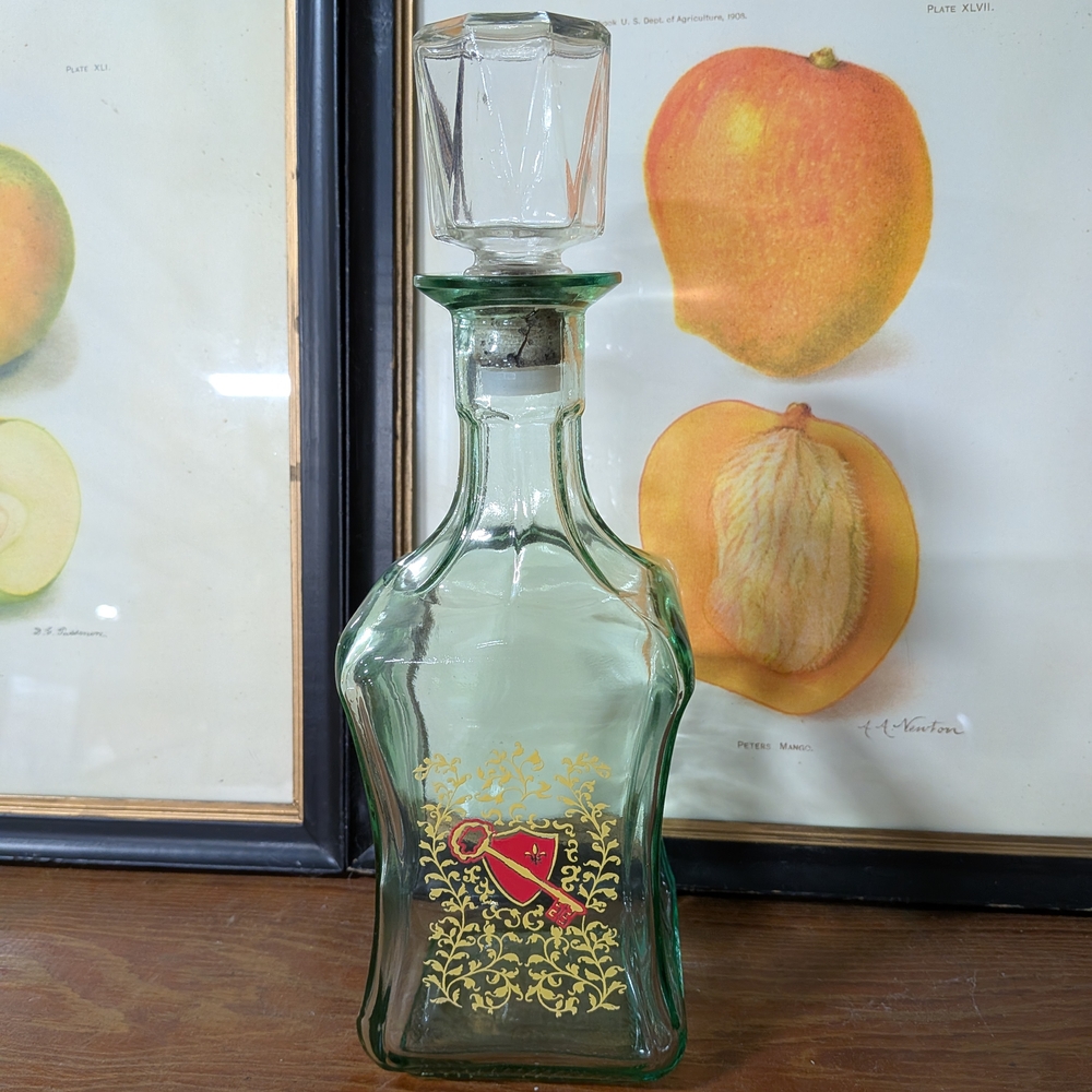 💰SALE 💰 Vintage Old Fitzgerald Green Glass Decanter with Crest Circa 1970's